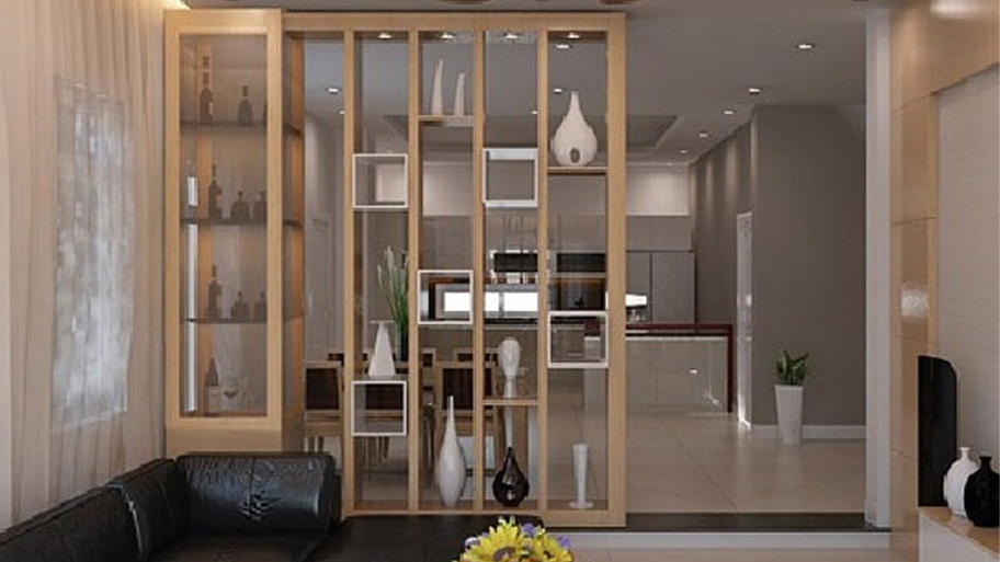 Vách ngăn phòng khách tích hợp kệ trang trí