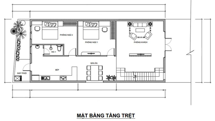 Gợi ý 7 mẫu thiết kế nhà 1 trệt 1 lầu 7x15 đẹp, tối ưu công năng Bản vẽ bố trí mặt bằng tầng trệt của mẫu thiết kế nhà 1 trệt 1 lầu 7x15