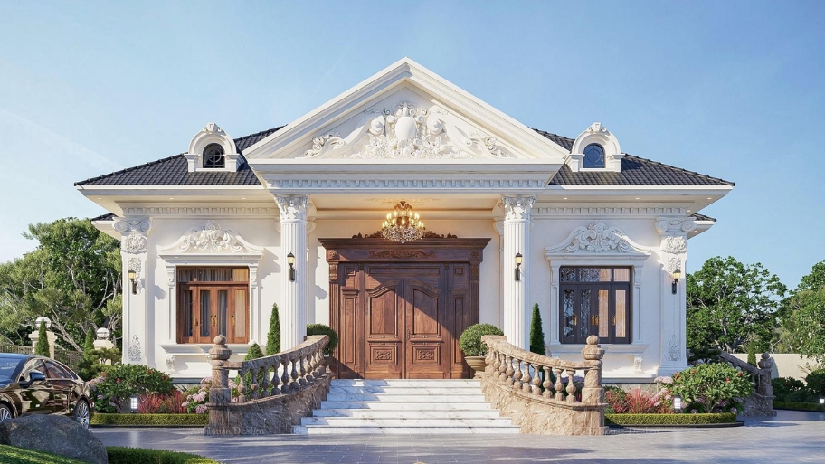 Biệt thự 1 tầng phong cách tân cổ điển nổi bật với mặt tiền cân xứng.