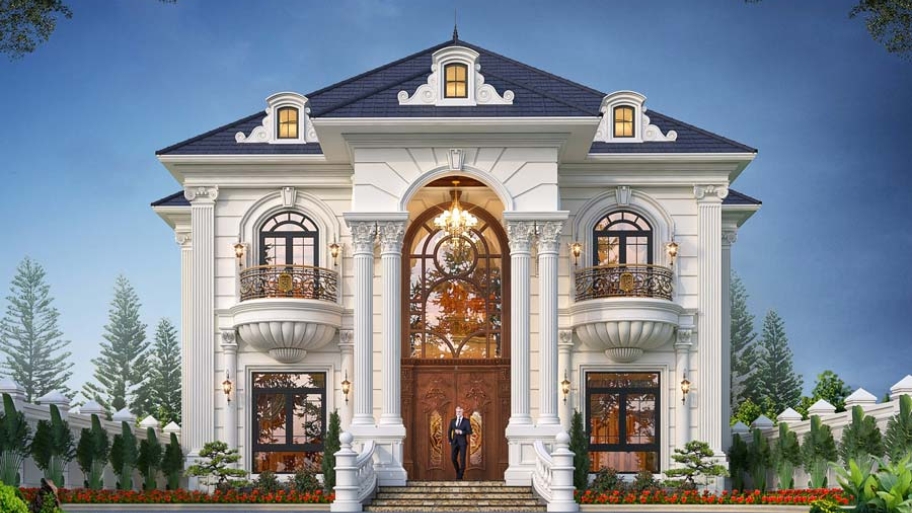 Biệt thự tân cổ điển 2 tầng nổi bật với bố cục đối xứng và mặt tiền sang trọng.