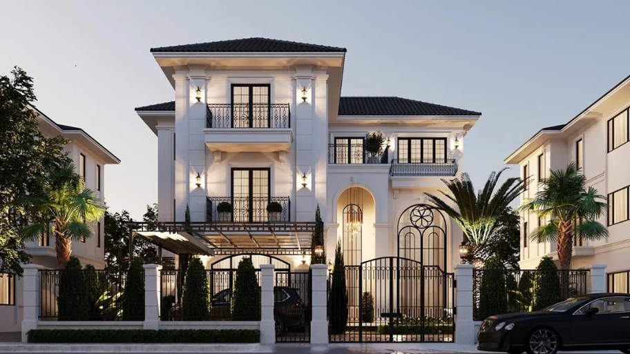 Biệt thự tân cổ điển 3 tầng chú trọng tỷ lệ các tầng hài hòa và cân đối.