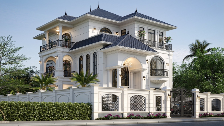 Biệt thự tân cổ điển 3 tầng nổi bật với kiến trúc cao ráo và bề thế.