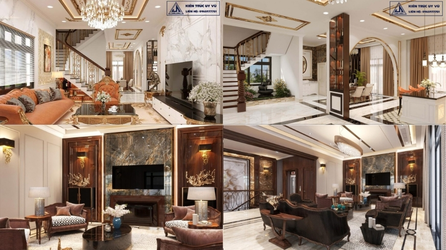 Phòng khách biệt thự tân cổ điển nổi bật với bố cục nội thất cân đối và sang trọng.