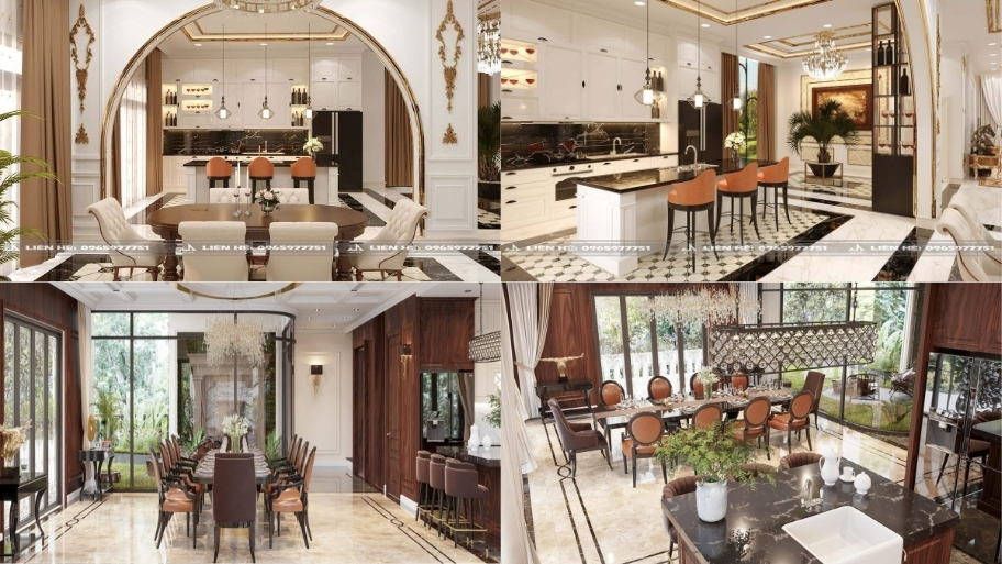 Không gian bếp và phòng ăn biệt thự tân cổ điển mang vẻ đẹp thanh lịch và ấm cúng.