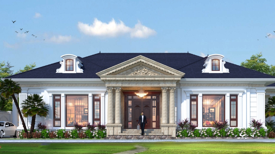 Không gian sân vườn giúp biệt thự tân cổ điển thêm thoáng đãng và thư giãn.