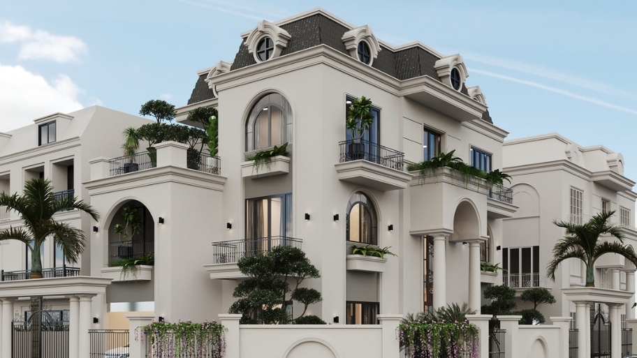 Mái Mansard tạo điểm nhấn kiến trúc quyền quý cho biệt thự tân cổ điển.