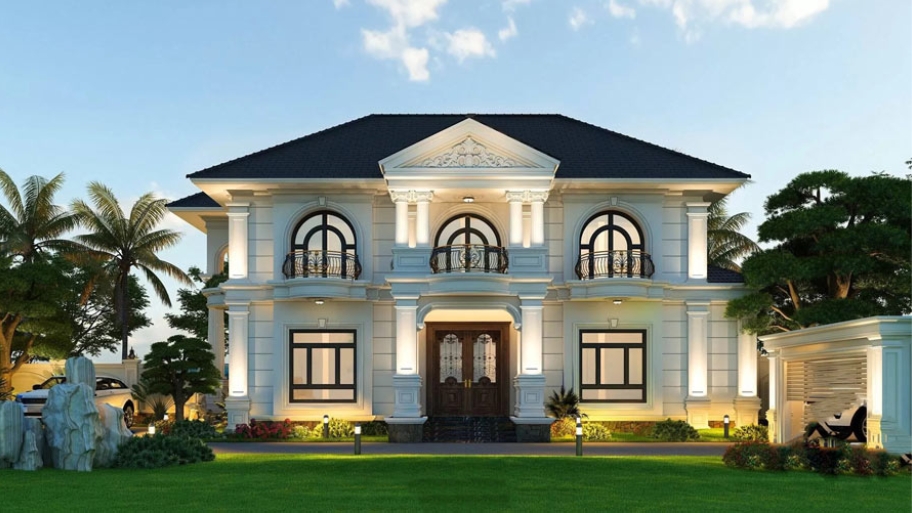 Mặt tiền biệt thự 2 tầng phong cách tân cổ điển tinh tế, không quá nặng nề.