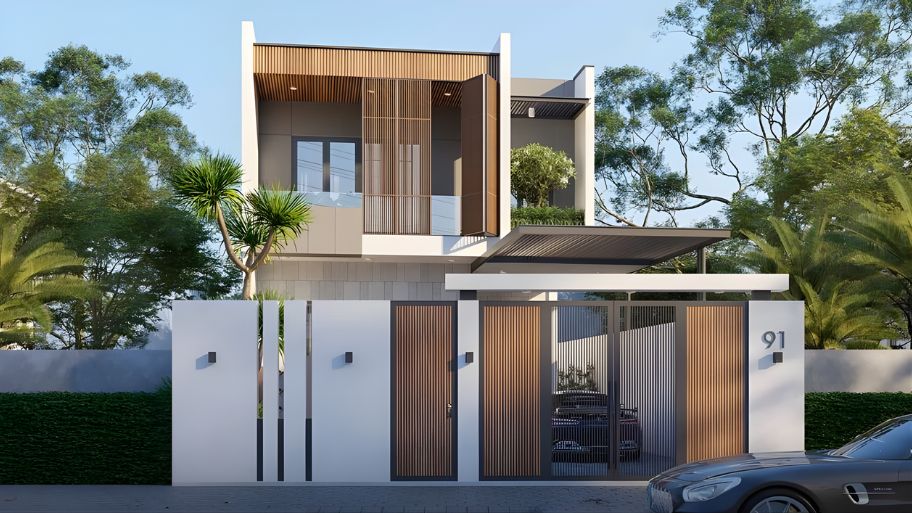 Gợi ý 7 mẫu thiết kế nhà 1 trệt 1 lầu 7x15 đẹp, tối ưu công năng Mẫu nhà 1 trệt 1 lầu 7x15 mái bằng hiện đại