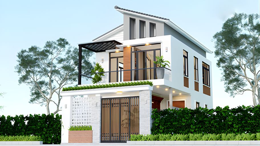 Gợi ý 7 mẫu thiết kế nhà 1 trệt 1 lầu 7x15 đẹp, tối ưu công năng Mẫu nhà 1 trệt 1 lầu 7x15 mái lệch phá cách