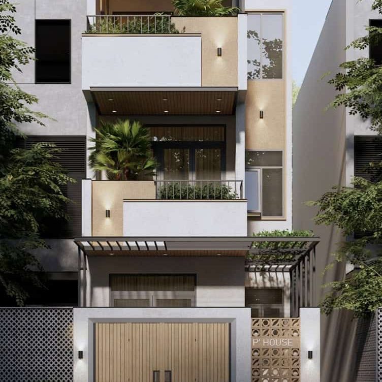 P’ House – Sự Hài Hòa Giữa Ánh Sáng, Chất Liệu Và Không Gian Sống Phối cảnh mặt tiền nhà anh Phước