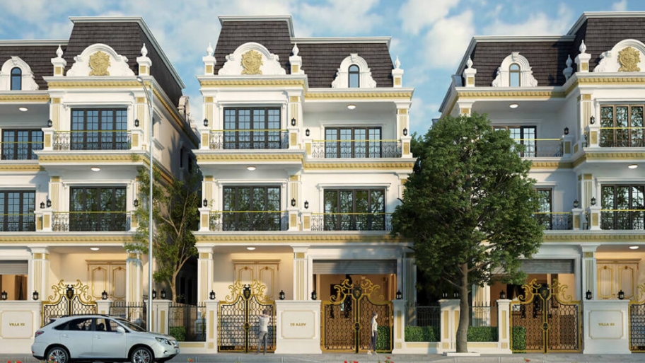 Phong cách tân cổ điển mang lại vẻ đẹp đồng bộ cho dãy nhà liền kề.