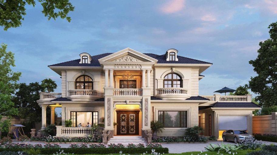 Thiết kế nhà vườn tân cổ điển mở rộng tầm nhìn ra tiểu cảnh và cây xanh.