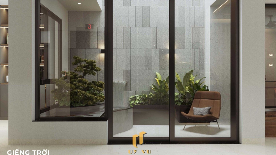 Tổng hợp các mẫu biệt thự hiện đại đẹp được ưa chuộng nhất hiện nay Ánh sáng tự nhiên được khai thác tối đa qua kính lớn và giếng trời.