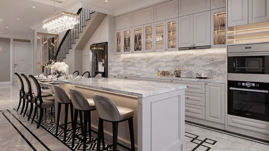 Thiết kế nội thất phòng bếp biệt thự tân cổ điển