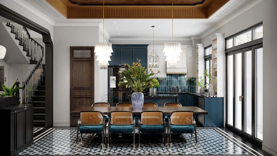 Thiết kế phòng bếp biệt thự phong cách Indochine