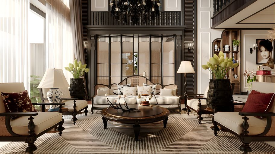 Thiết kế phòng khách biệt thự phong cách Indochine
