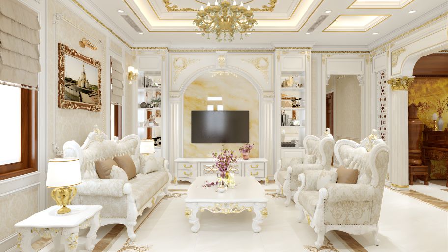 Thiết kế phòng khách nhà biệt thự phong cách cổ điển