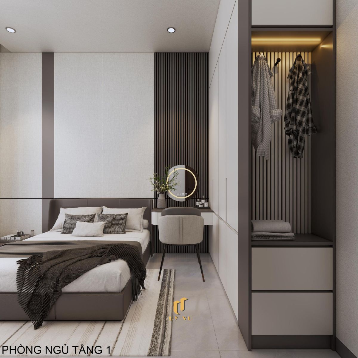Nhà phố hiện đại 3 tầng - Không gian sống xanh, thoáng sáng giữa đô thị Phòng ngủ tầng 1 tối giản nhà anh Hiệu - Phước Lý