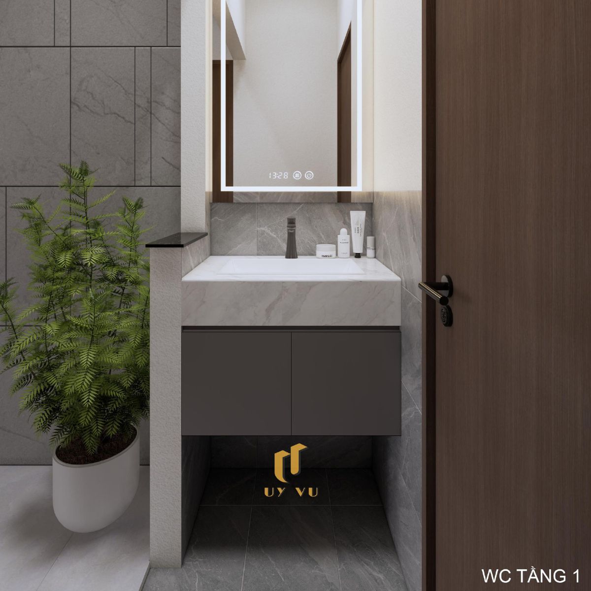 Nhà phố hiện đại 3 tầng - Không gian sống xanh, thoáng sáng giữa đô thị WC tầng 1 tối giản nhà anh Hiệu - Phước Lý