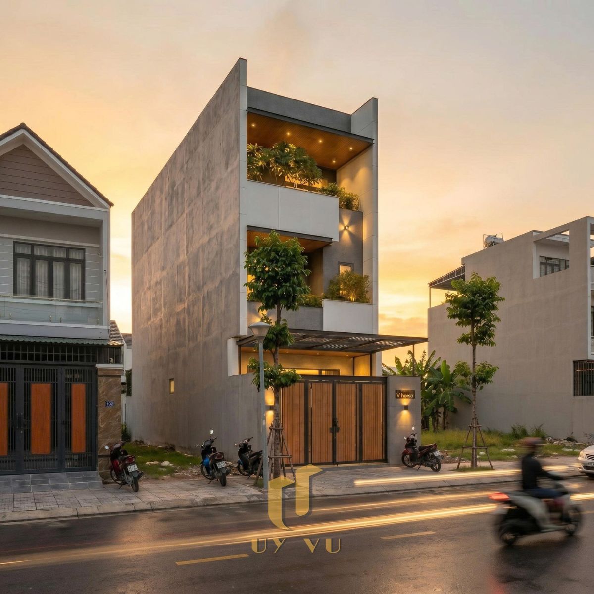 V’ House – Khi Kiến Trúc Chạm Đến Sự An Yên Phối cảnh mặt tiền nhà anh Vọng
