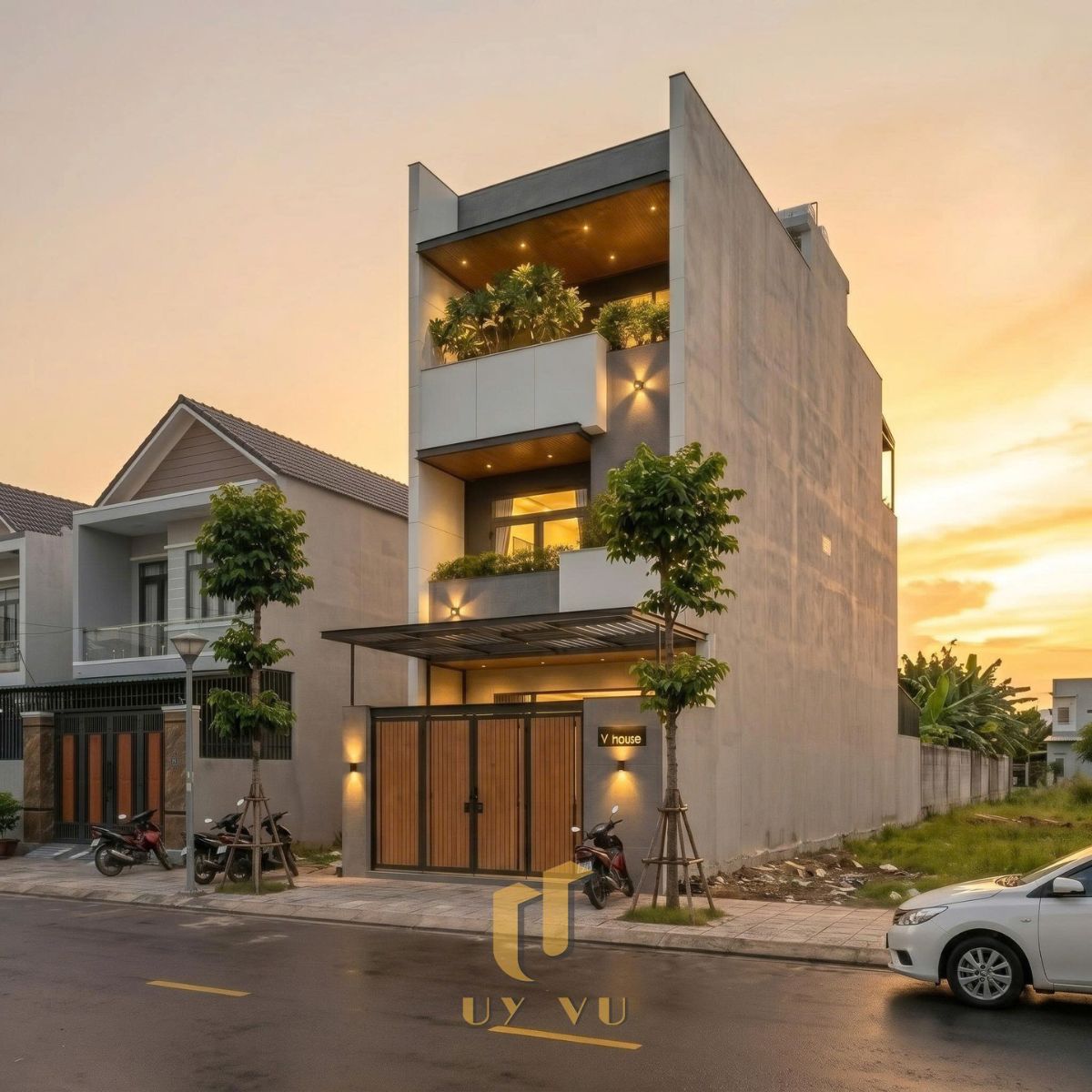 V’ House – Khi Kiến Trúc Chạm Đến Sự An Yên Phối cảnh thiết kế mặt tiền nhà anh Vọng