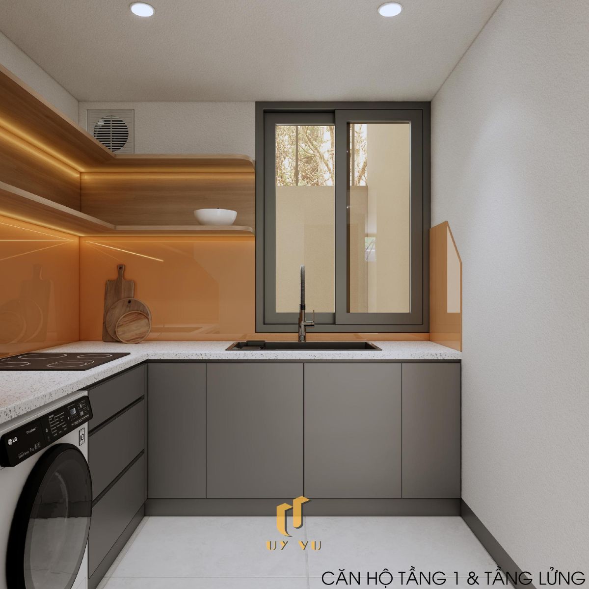 Khám phá căn hộ hiện đại của anh Lực - Đà Nẵng Khu bếp tối giản căn hộ tầng 1, tầng lửng nhà anh Lực