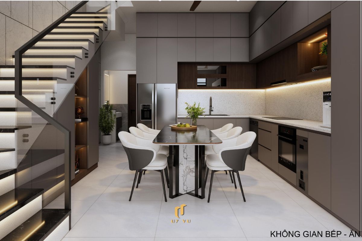 Nhà phố hiện đại 3 tầng - Không gian sống xanh, thoáng sáng giữa đô thị Phòng bếp ăn tinh tế nhà anh Hiệu - Phước Lý