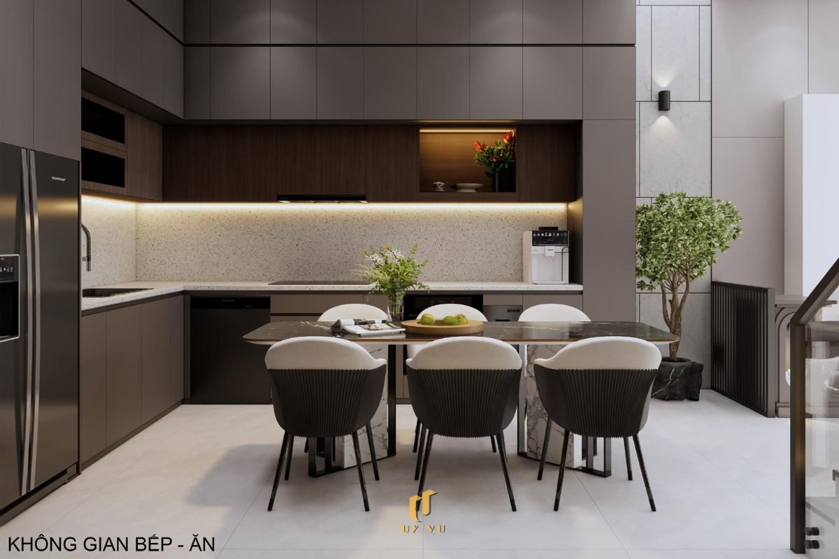 Nhà phố hiện đại 3 tầng - Không gian sống xanh, thoáng sáng giữa đô thị Phòng bếp ăn ấm cúng nhà anh Hiệu - Phước Lý