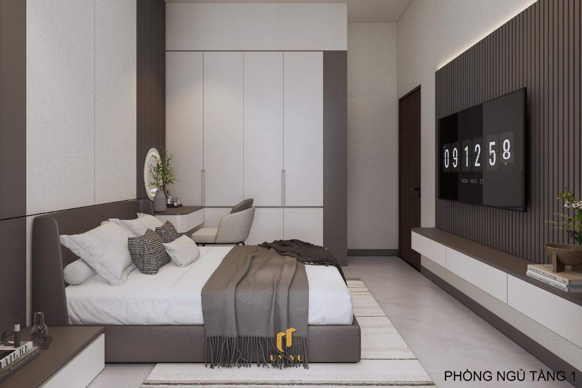 Nhà phố hiện đại 3 tầng - Không gian sống xanh, thoáng sáng giữa đô thị Phòng ngủ tầng 1 ấm cúng nhà anh Hiệu - Phước Lý