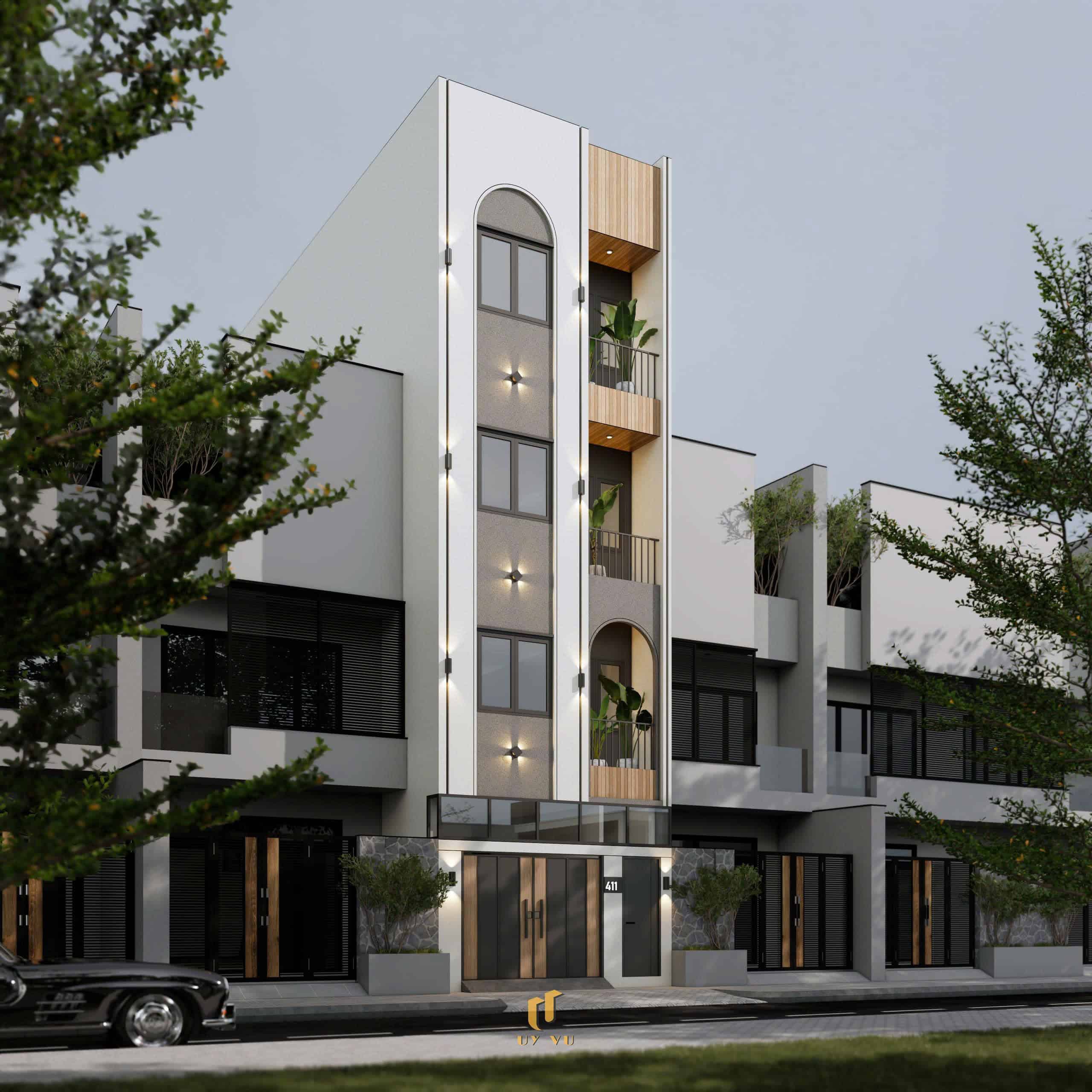 Mẫu căn hộ cho thuê đẹp với mặt tiền hiện đại và ban công xanh Phối cảnh mặt tiền căn hộ chị Thúy Đà Nẵng