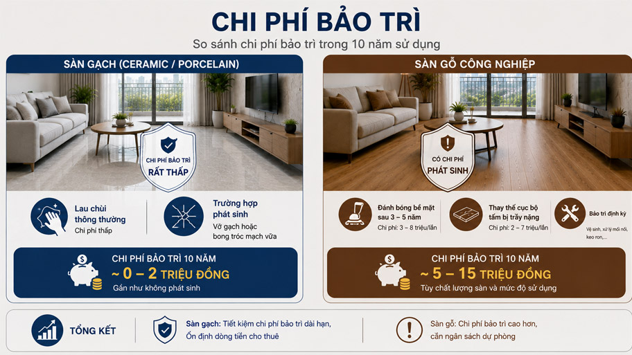 Chi phí bảo trì giữa sàn gỗ và sàn gạch