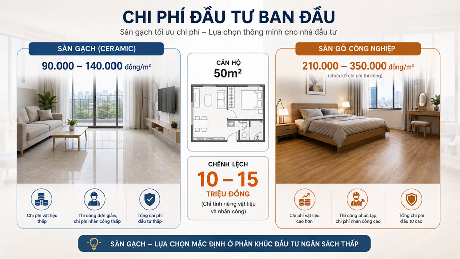 Chi phí đầu tư ban đầu giữa sàn gỗ và sàn gạch