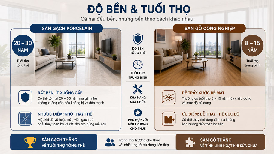 Độ bền giữa sàn gỗ và sàn gạch