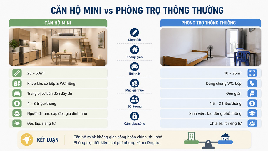 Phân biệt căn hộ mini với phòng trọ