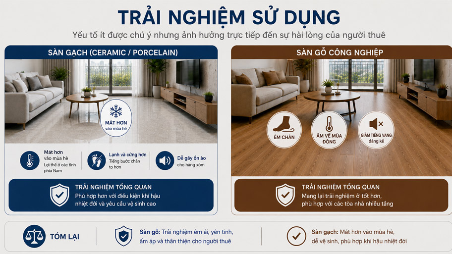 Trải nghiệm sử dụng giữa sàn gỗ và sàn gạch