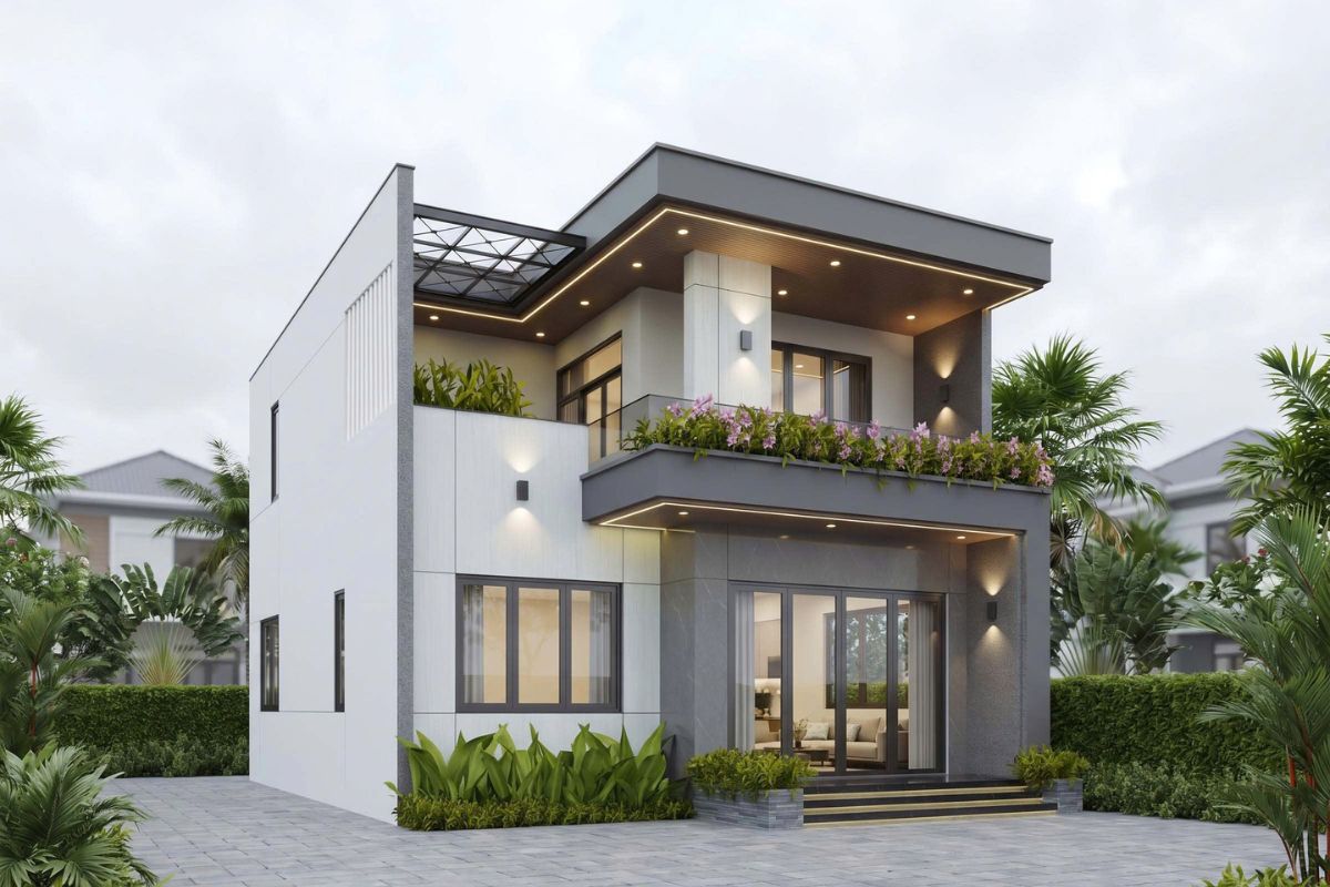Dấu ấn kiến trúc hiện đại biệt thự anh Hóa - Hà Tĩnh Phối cảnh mặt tiền biệt thự anh Hóa - Hà Tĩnh