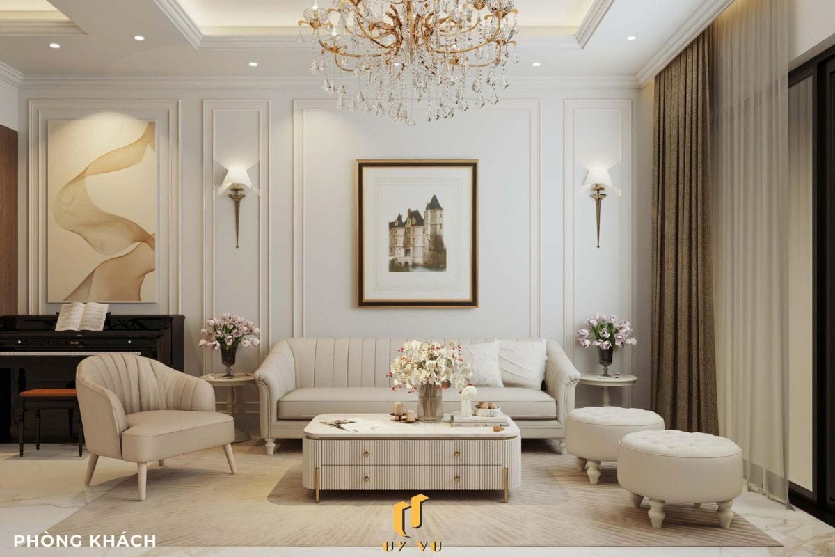 Sang trọng & đẳng cấp với mẫu nhà phố cổ điển 3 tầng - anh Hưng Phòng khách nhà anh Hưng chị Thoa