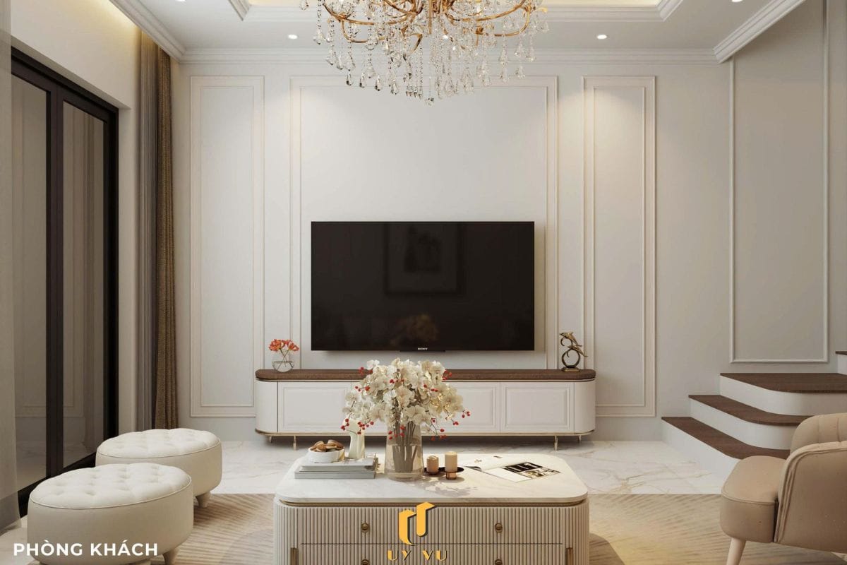 Sang trọng & đẳng cấp với mẫu nhà phố cổ điển 3 tầng - anh Hưng Phòng khách hiện đại nhà anh Hưng chị Thoa