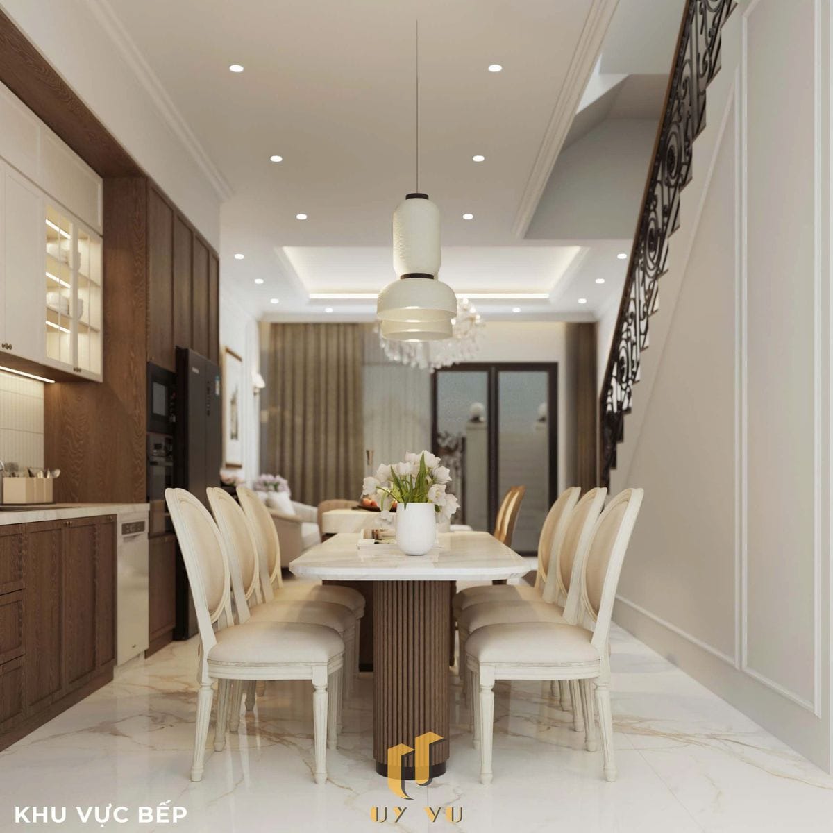 Sang trọng & đẳng cấp với mẫu nhà phố cổ điển 3 tầng - anh Hưng Phòng bếp tinh tế, sang trọng nhà anh Hưng chị Thoa