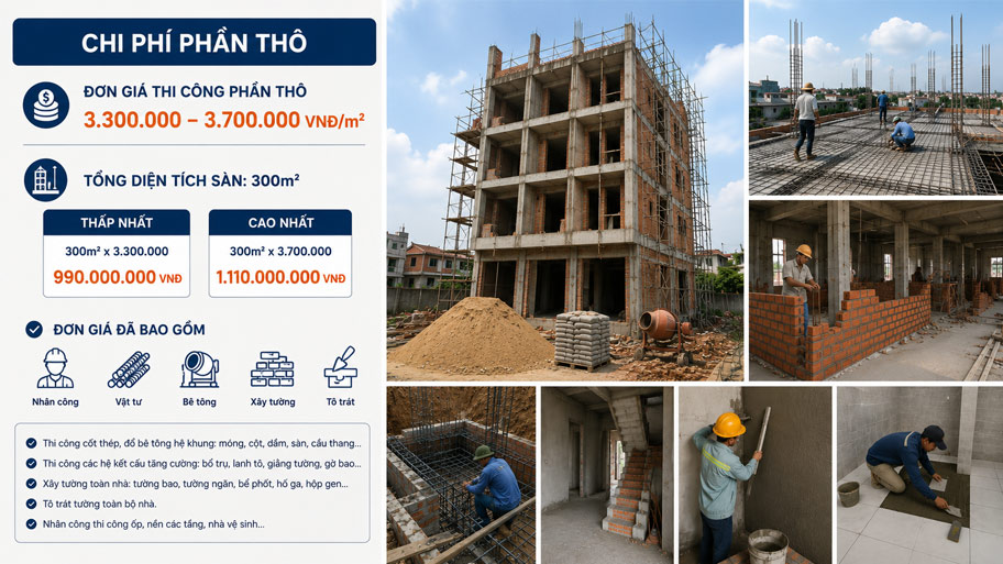 Chi phí thi công phần thô cho căn hộ 5 tầng