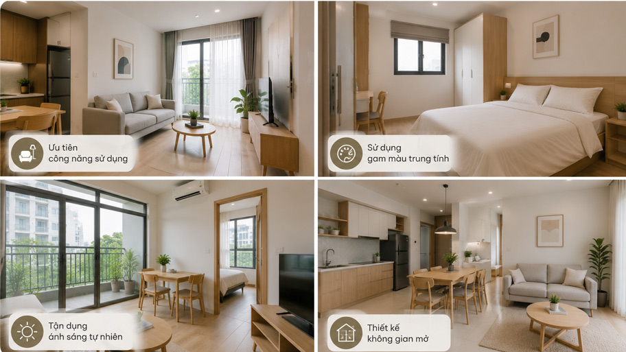 Mẫu căn hộ cho thuê phong cách tối giản hiệu quả & tiện nghi Đặc điểm của căn hộ cho thuê phong cách tối giản
