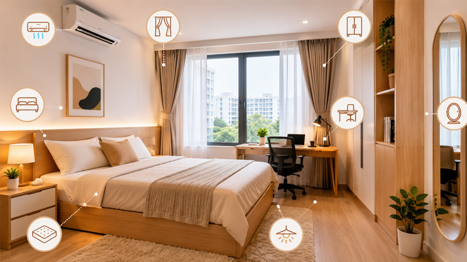 Cách thiết kế phòng ngủ căn hộ cho thuê thu hút khách hàng Nội thất không thể thiếu trong phòng ngủ căn hộ cho thuê