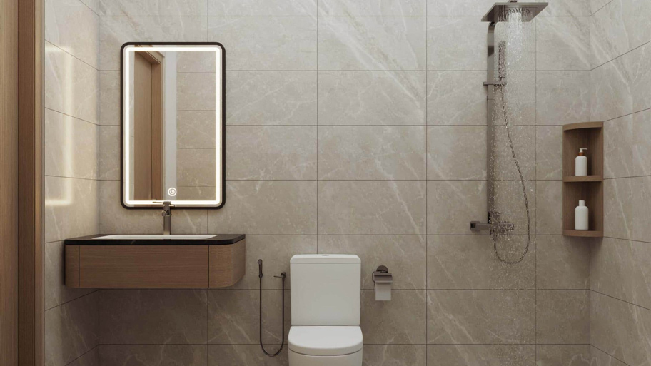 Bí quyết thiết kế phòng tắm căn hộ cho thuê hiện đại và bền đẹp Phòng tắm căn hộ cho thuê hài hòa ánh sánh