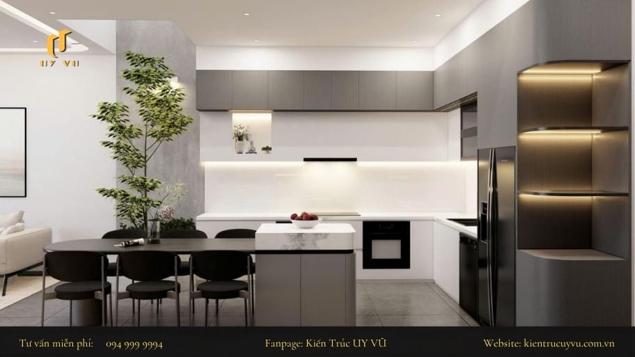 Không gian bếp kết với giếng trời để có thêm ánh sáng tự nhiên