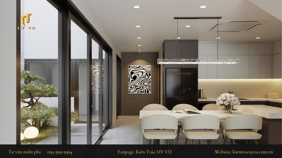 Mẫu thiết kế nhà bếp không gian mở của biệt thự sẽ thông thoáng hơn và kết nối với các không gian xanh