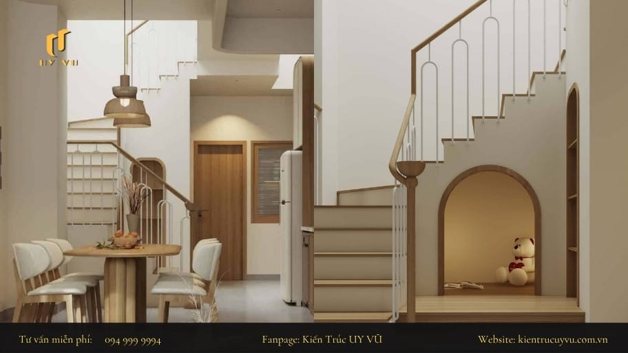Tổng hợp các mẫu thiết kế phòng khách nhà ống có cầu thang hài hòa giữa công năng và thẩm mỹ Kiến Trúc Uy Vũ mang lại thiết kế phòng khách nhà ống có cầu thang an toàn và thẩm mỹ