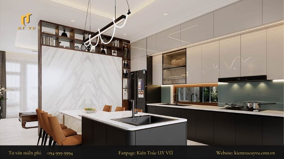 Thiết kế nhà bếp đẹp và hiện đại tối ưu thẩm mỹ lẫn công năng Kiến Trúc Uy Vũ cung cấp kiến tạo nhà bếp thoải mái và tiện nghi cho gia chủ
