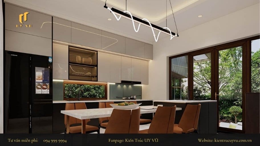 Thiết kế nhà bếp đẹp và hiện đại tối ưu thẩm mỹ lẫn công năng Sử dụng các vật liệu và công năng phù hợp với nhu cầu của gia đình