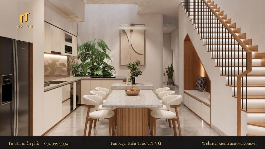 Phòng bếp và khu vực ăn uống được tích hợp để tạo sự thuận tiện cho gia chủ