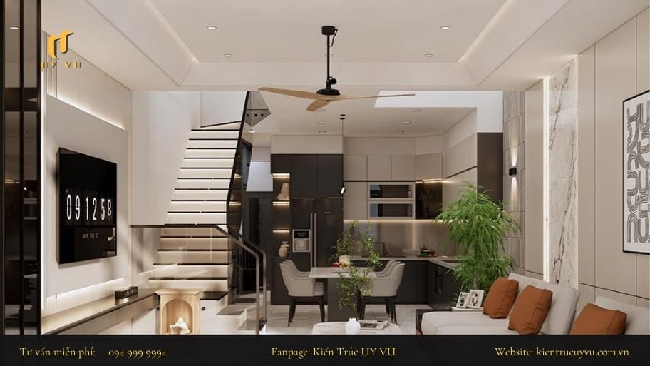 Tổng hợp các mẫu thiết kế phòng khách nhà ống có cầu thang hài hòa giữa công năng và thẩm mỹ Bố trí thêm các hệ thống đèn dành cho cầu thang để tạo điểm nhấn